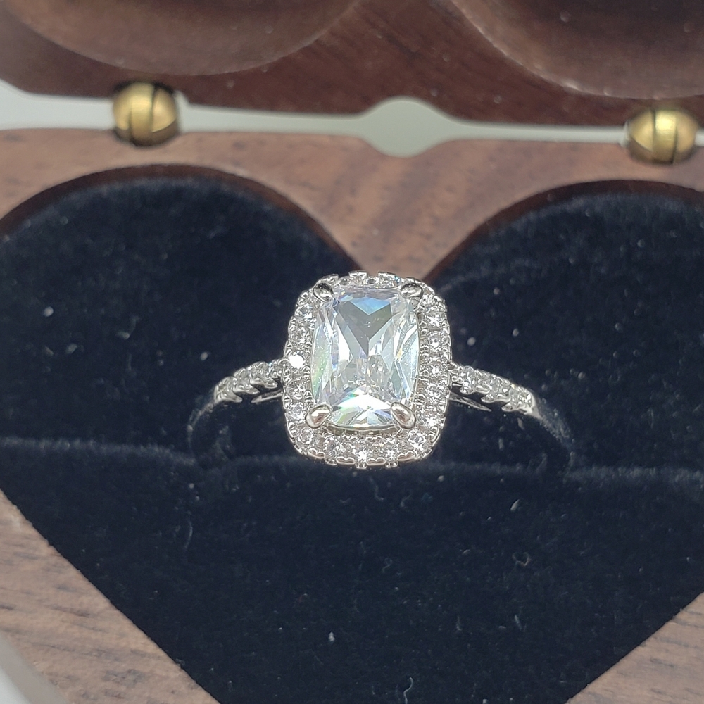Silver Rectangle Moissanite Solitaire Gem Accents Ring by Charmed Aroma - Size 7